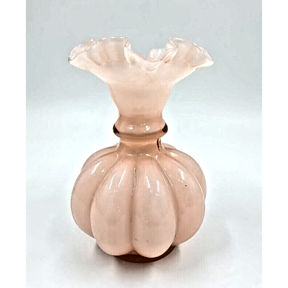 Fenton Melon Shaped Frosted Pink 6" Ruffled Glass Vase 1940s Glossy Dusty Rose